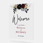 Elegante blauwe marine bordeaux bloemen welkom bru acryl bord (Hoek)