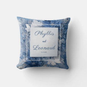 Elegante Blauwe Marmeren Bloemige Bruiloft Kussen