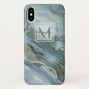 Elegante Blauwe Marmeren Natuursteen Patroon Monog iPhone X Hoesje