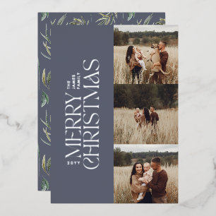 Elegante blauwe moderne minimale multi foto botani folie feestdagenkaart