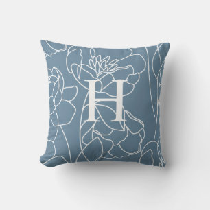 Elegante Blauwe Moderne Wilde Bloem Monogram Naam Kussen