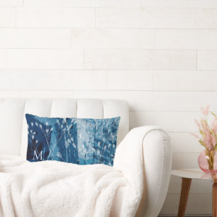 Elegante Blauwe Monogram Botanisch Kussen