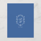 Elegante Blauwe Monogram Crest Formeel Script Trou Informatiekaartje (Achterkant)