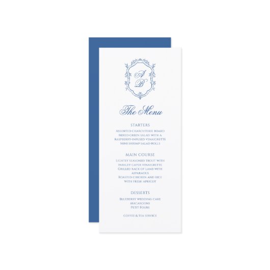 Elegante Blauwe Monogram Crest Formeel Script Trou Menu (Voorkant / Achterkant in situ)