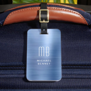 Elegante blauwe monogrammen bagagelabel