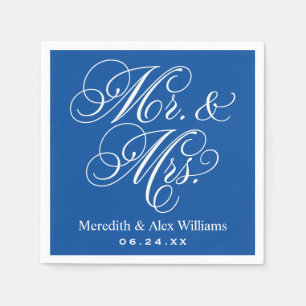 Elegante Blauwe Mr en Mrs Script Trouwkaart Servet