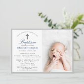 Elegante Blauwe Navy Stripes Foto Doop Kaart (Staand voorkant)