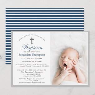 Elegante Blauwe Navy Stripes Foto Doop Kaart