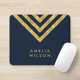 Elegante Blauwe Nep Gouden Naam Chevron Geometrisc Muismat