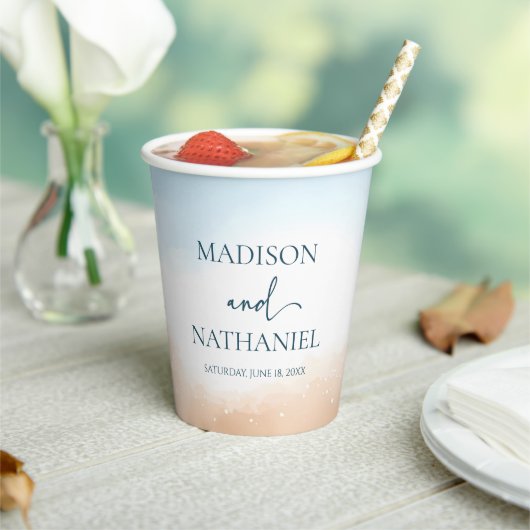 Elegante Blauwe Oceaan Strand Zand Trouw Papieren Bekers (Insitu)