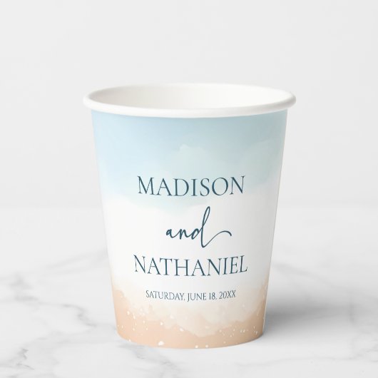 Elegante Blauwe Oceaan Strand Zand Trouw Papieren Bekers (Achterkant)