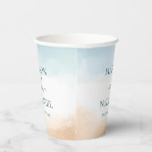 Elegante Blauwe Oceaan Strand Zand Trouw Papieren Bekers (Rechts)