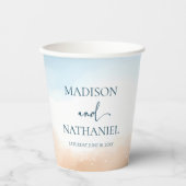 Elegante Blauwe Oceaan Strand Zand Trouw Papieren Bekers (Voorkant)