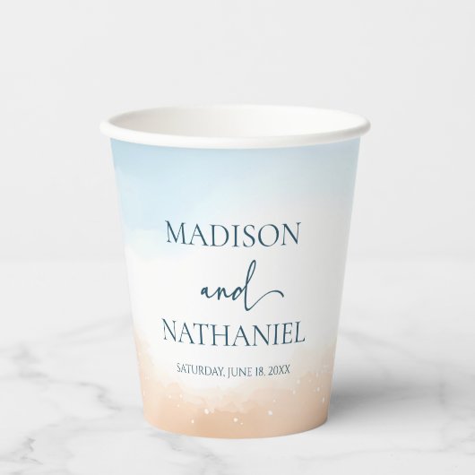 Elegante Blauwe Oceaan Strand Zand Trouw Papieren Bekers (Voorkant)