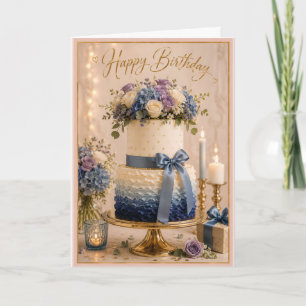 Elegante Blauwe Ombre Plissé Verjaardagstaart Kaart