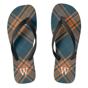 Elegante blauwe & oranje tartan ruit Personalized  Teenslippers