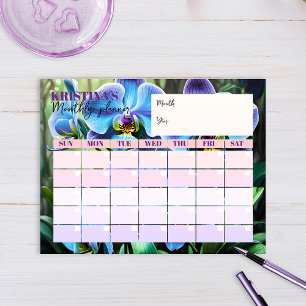 Elegante Blauwe Orchidee Kalender Maandplanner Notitieblok