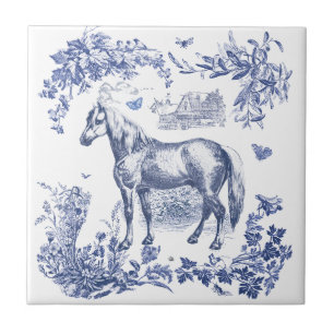 Elegante  Blauwe Paard Bloemen Tegeltje