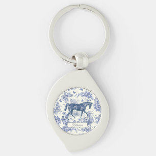 Elegante Blauwe Paard Bloemen Toile Naam Sleutelhanger