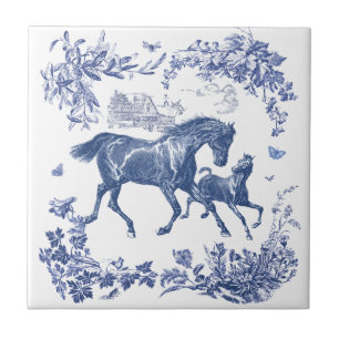 Elegante  Blauwe Paarden Bloemen Tegeltje