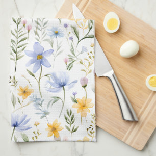 Elegante blauwe paarse waterverf wilde bloem theedoek