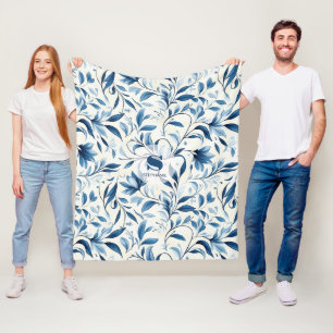 Elegante blauwe Paisley bladeren - witte achtergro Fleece Deken