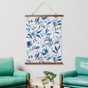 Elegante blauwe Paisley bladeren - witte achtergro Hangend Wandkleed