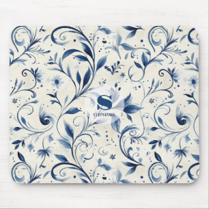 Elegante blauwe Paisley bladeren - witte achtergro Muismat