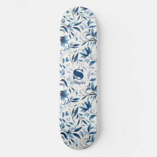 Elegante blauwe Paisley bladeren - witte achtergro Skateboard