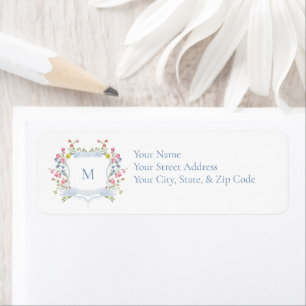 Elegante Blauwe Pastel Wilde Bloem Wapen Bruiloft Etiket