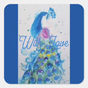 Elegante blauwe pauw aquarel met liefde vierkante sticker
