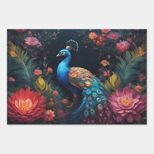 Elegante blauwe pauw in kleurrijke bloementuin inpakpapier vel