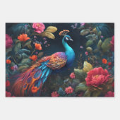 Elegante blauwe pauw in kleurrijke bloementuin inpakpapier vel (Voorkant)