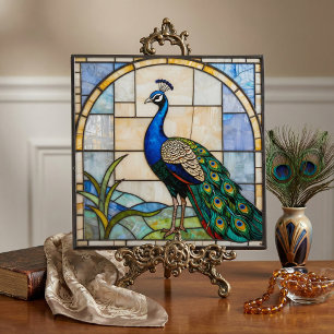 Elegante Blauwe Pauw Kunstmozaïek in namaak glas i Tegeltje
