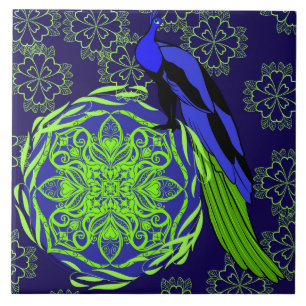 Elegante Blauwe Pauw met Groene Mandala Tegeltje