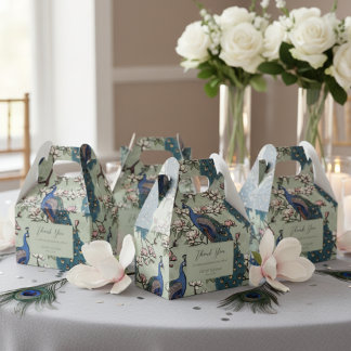 Elegante blauwe pauwen en bloemen salie groen bedankdoosjes