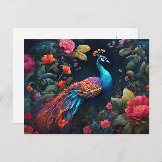 Elegante Blauwe Peacock in Kleurrijke Tuin Briefkaart (Voorkant / Achterkant)