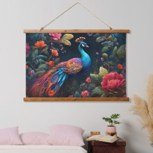 Elegante Blauwe Peacock in Kleurrijke Tuin Hangend Wandkleed