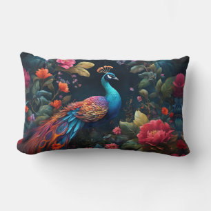 Elegante Blauwe Peacock in Kleurrijke Tuin Kussen