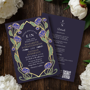 Elegante Blauwe Pioen Art Nouveau QR Code Bruiloft Kaart
