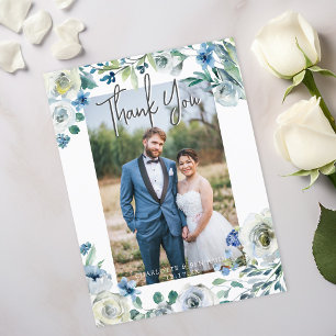Elegante Blauwe Pioen Bloemige Trouwfoto Bedankt Briefkaart