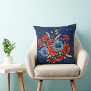 Elegante blauwe, rode en gouden herdenkingspoppy's kussen