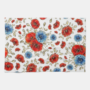 Elegante blauwe, rode en gouden herdenkingspopulie theedoek