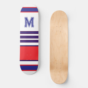 Elegante blauwe rode witte strepen monogram skateb skateboard