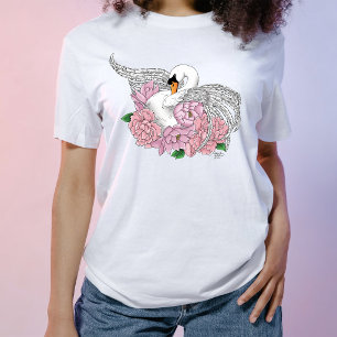 Elegante Blauwe Romantische Zwaan Pioen Bloemig T-shirt