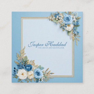 Elegante Blauwe Roos Bloem Gouden Lijst Modern Poe Vierkante Visitekaartje
