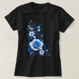 Elegante Blauwe Roos Bloem Grafische Zwarte Dames T-shirt