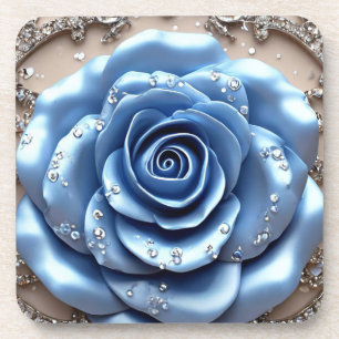 Elegante Blauwe Roos met Glitterende Diamanten Bier Onderzetter