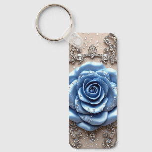 Elegante Blauwe Roos met Glitterende Diamanten Sleutelhanger