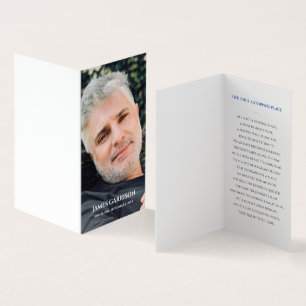 Elegante blauwe rouwkaart met foto kaart